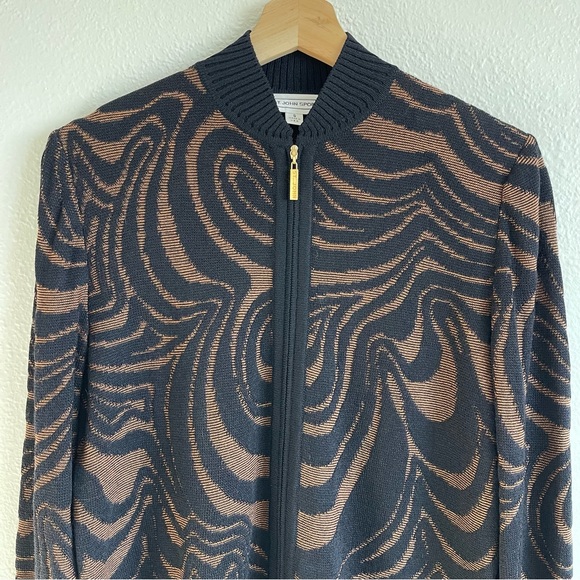 ST. JOHN SPORT Black Brown Wool Blend Swirl Print Mock Neck Full Zip Up Sweater - Picture 2 of 9